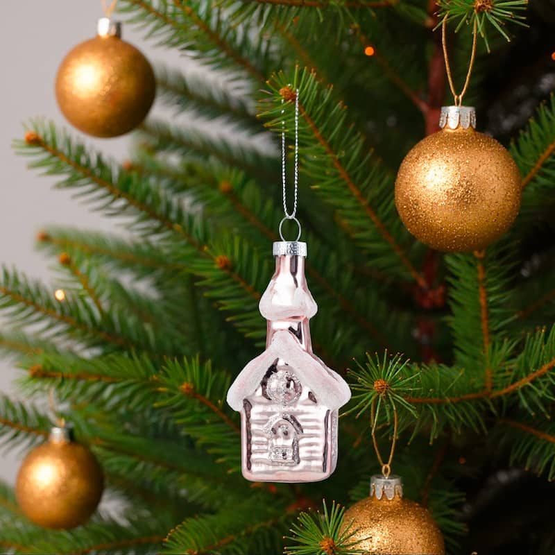 3.25" Snow Covered Pink Church Glass Christmas Ornament