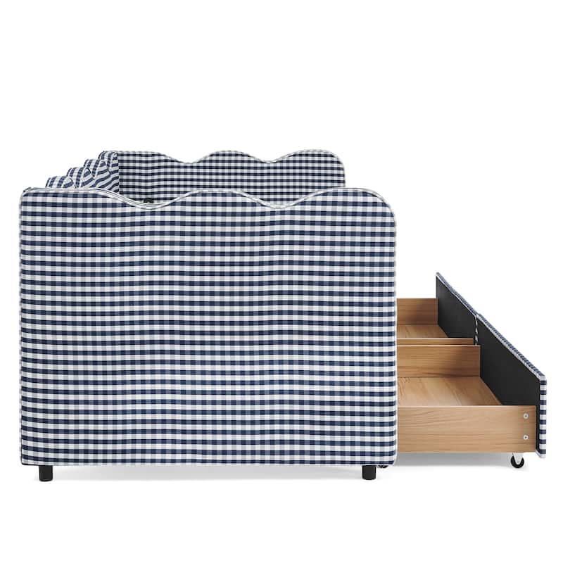 Twin Size Gingham Linen Upholstered Daybed with 2 Storage Drawers, USB Charging Station & Waved Arms