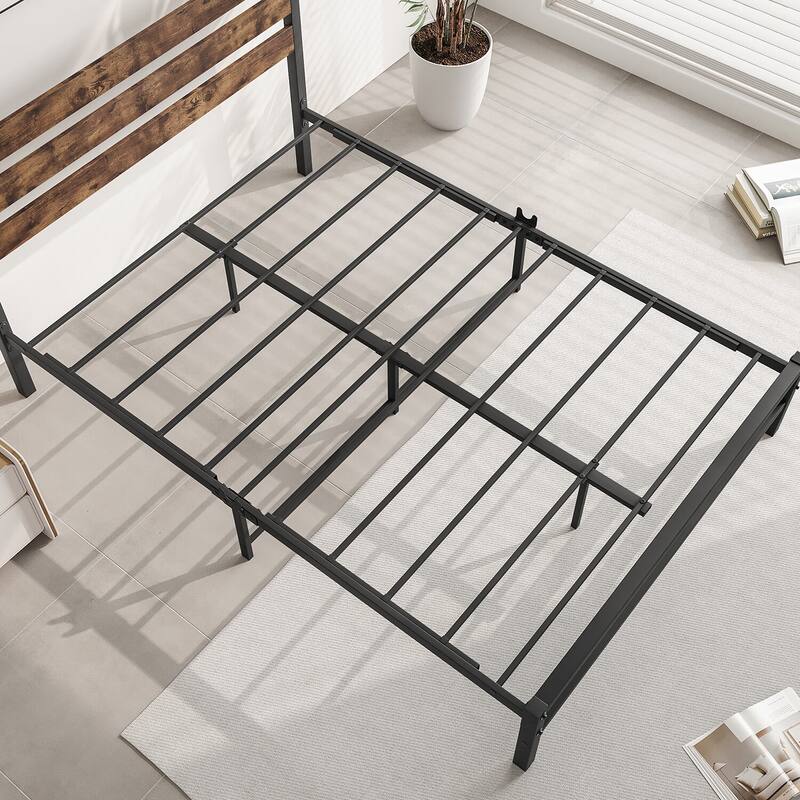 Metal Low Profile Platform Bed with Rustic Vintage Wood Headboard