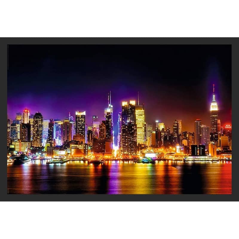 New York City Manhattan Skyline Reflections at Night Framed Poster - 24 x 36 Inch