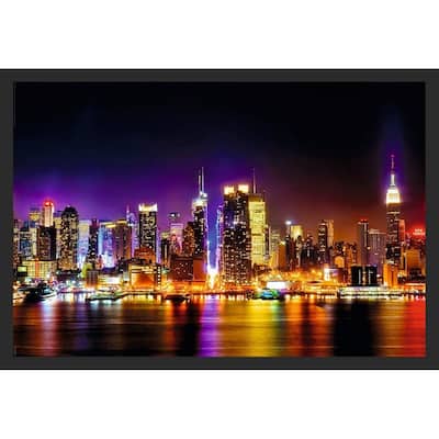 New York City Manhattan Skyline Reflections at Night Framed Poster - 24 x 36 Inch