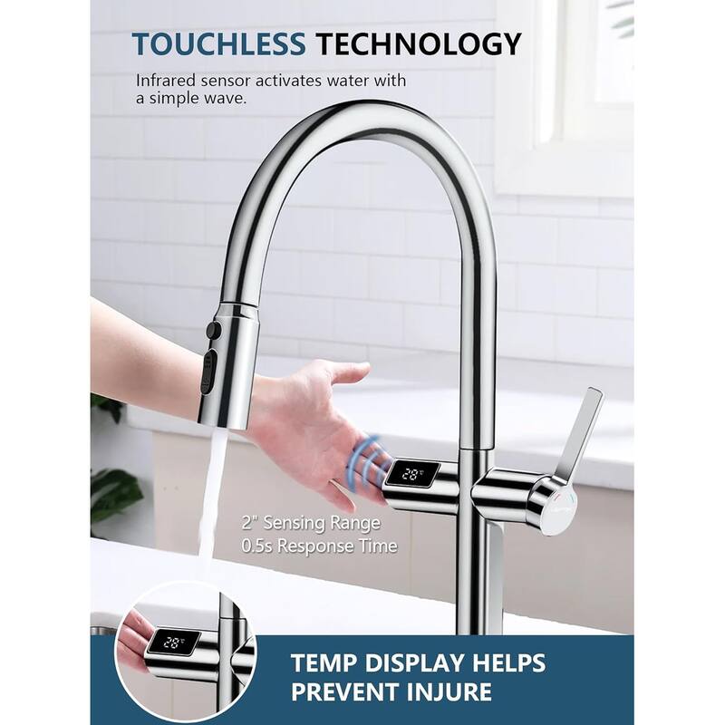 Lefton Touchless Pull-Out Kitchen Faucet, Hands Free Motion Sensor Activated, Battery-Free Temperature Display, KF2206