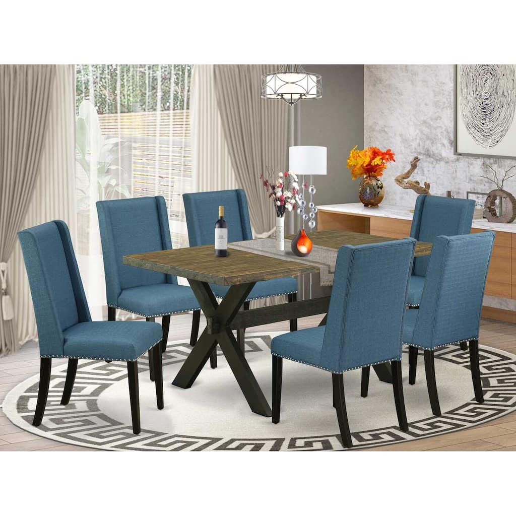 HomeStock 7-Piece Rectangle Distressed Jacobean Finish Solid Wood Top Dining Table with 6 Chairs