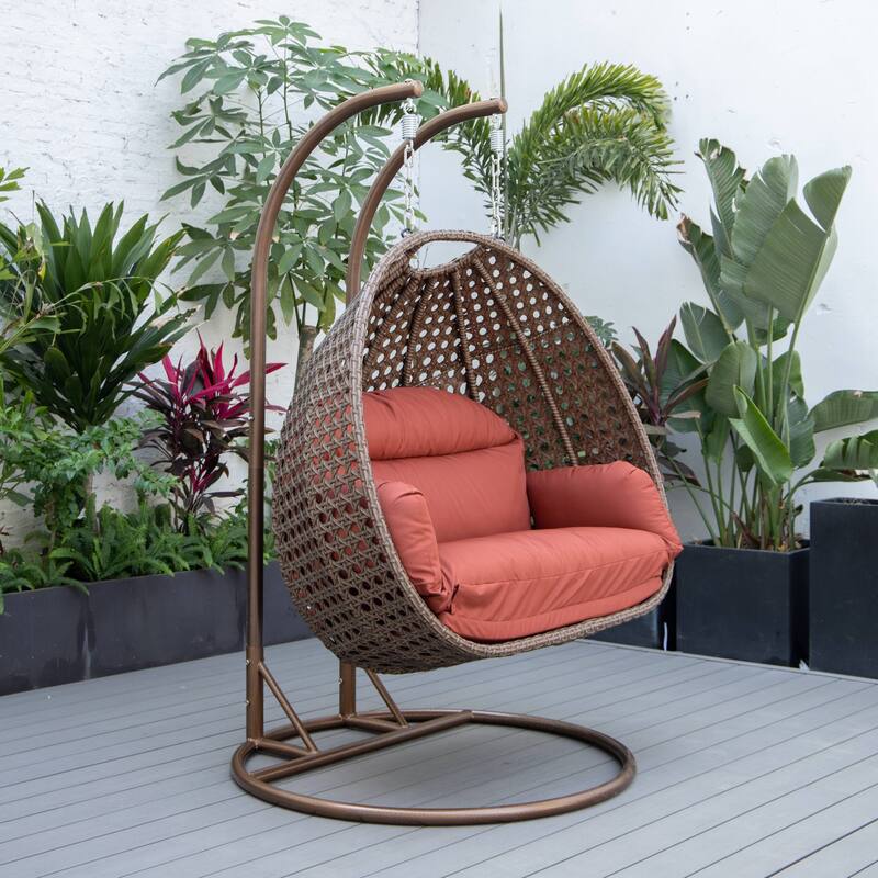 LeisureMod Mendoza Dark Brown 2 Seater Wicker Patio Hanging Double Swing Chair for Patio Porch Backyard Garden - 53"