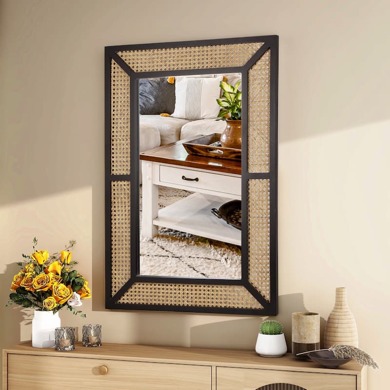 Large Rattan Wall Mirror Bohemian Square Accent Mirror for Wall Decor - 23.6"×35.5"