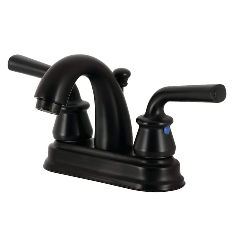 Kingston Brass Restoration Two-Handle 3-Hole Deck Mount 4" Centerset Bathroom Faucet with Plastic Pop-Up - Matte Black