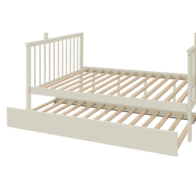 Cream Twin over Full Stairway Bunk Bed with Trundle and Storage