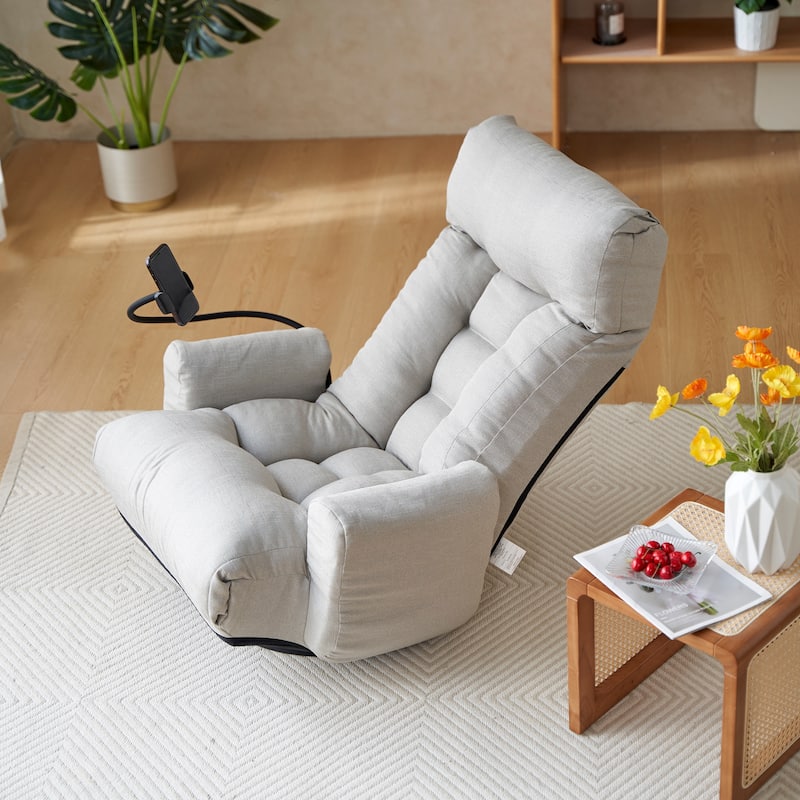 Gray Upholstered 360° Swivel Manual Leisure Recliner with Mobile Phone Holder, Adjustable Headrest and Backrest