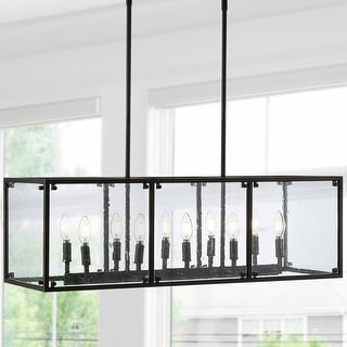 Atelier 35" Linear 10-Light Adjustable Iron/Seeded Glass Rustic Farmhouse LED Pendant, Oil Rubbed Bronze by JONATHAN Y