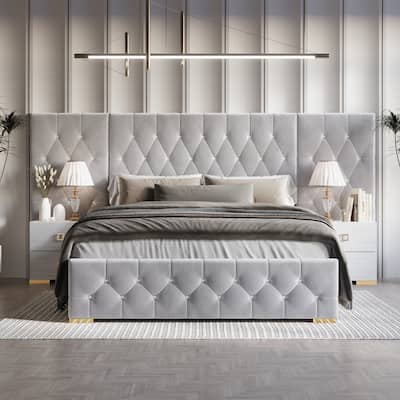 CraftPorch 3 Piece Bedroom Nightstands Set Luxurious Velvet Tufted Platform Bed