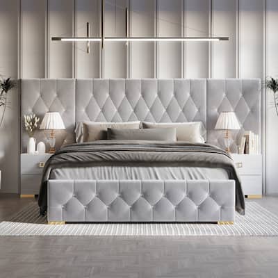 CraftPorch Luxurious Velvet Tufted Platform Bed with Wall Panels