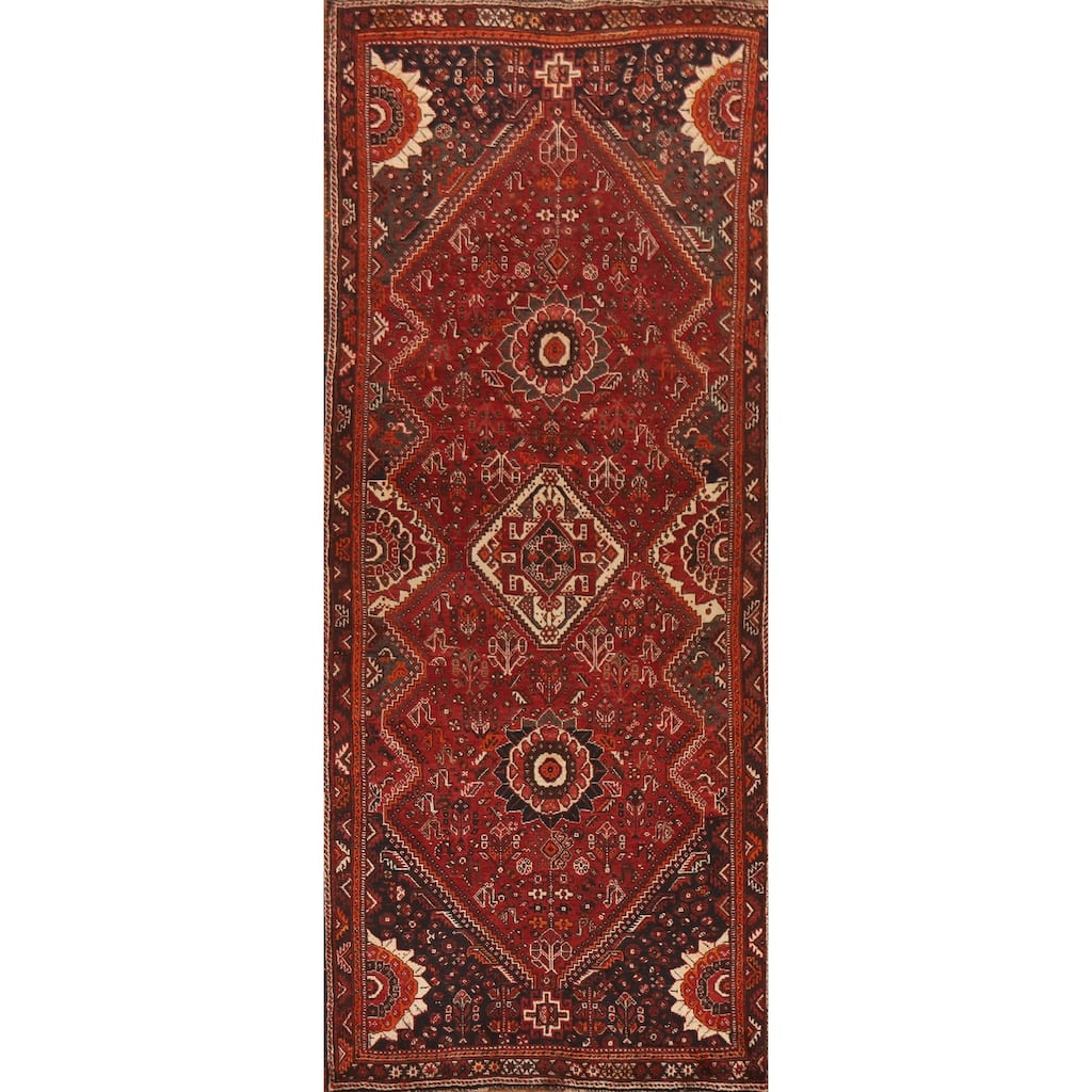 Tribal Red Qashqai Persian Vintage Runner Rug Hand-knotted Wool Carpet - 3'7"x 9'9"
