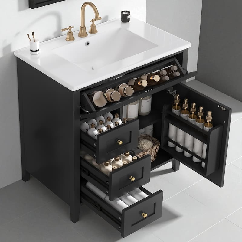 30-Inch Bathroom Vanity with Sink, MDF and Solid Wood Cabinet, 3 Drawers and Adjustable Shelf, Freestanding Design