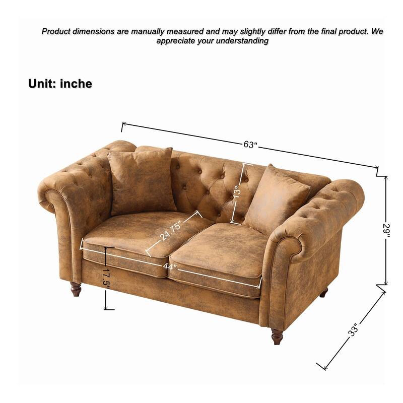 Roomfitters 80" + 63" Classic Chesterfield Upholstered Sofa and Loveseat Set, Button Back Scrolled Arm Couch, Brown