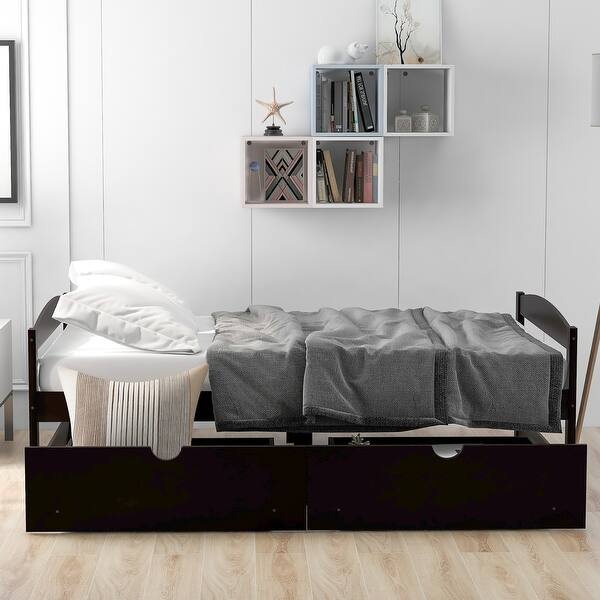 slide 2 of 18, Exquisite and Simple Design Wood Platform Bed with Two Drawers, Space-saving, Safety Guaranteed, White Brown