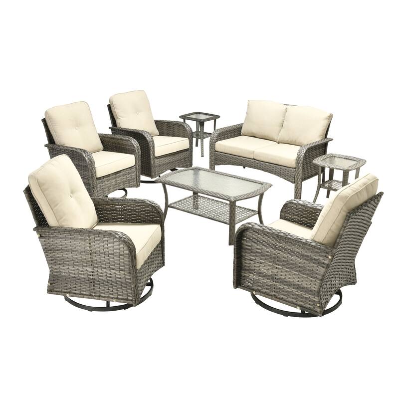 HOOOWOOO 8-piece Wicker Rattan Outdoor Furniture Patio Swivel Chair Set