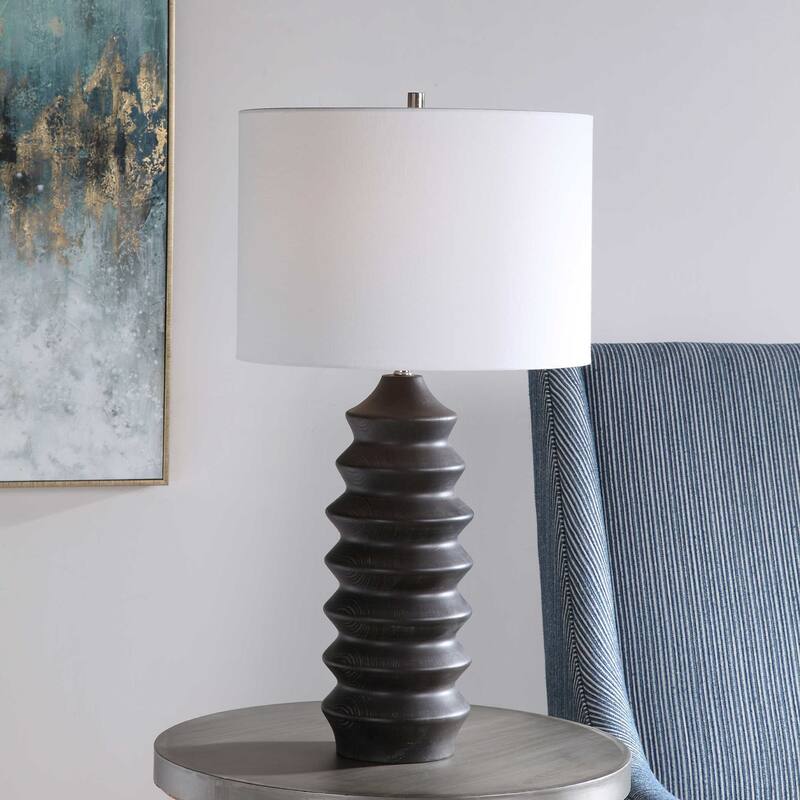 Carved Wood Table Lamp with White Round Hardback Drum Shade - 30" - Black