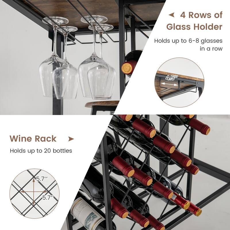 5 Pieces Bar Table and Stools Set with Wine Rack and Glass Holder-Rustic Brown - 39.5" x 23.5" x 40"