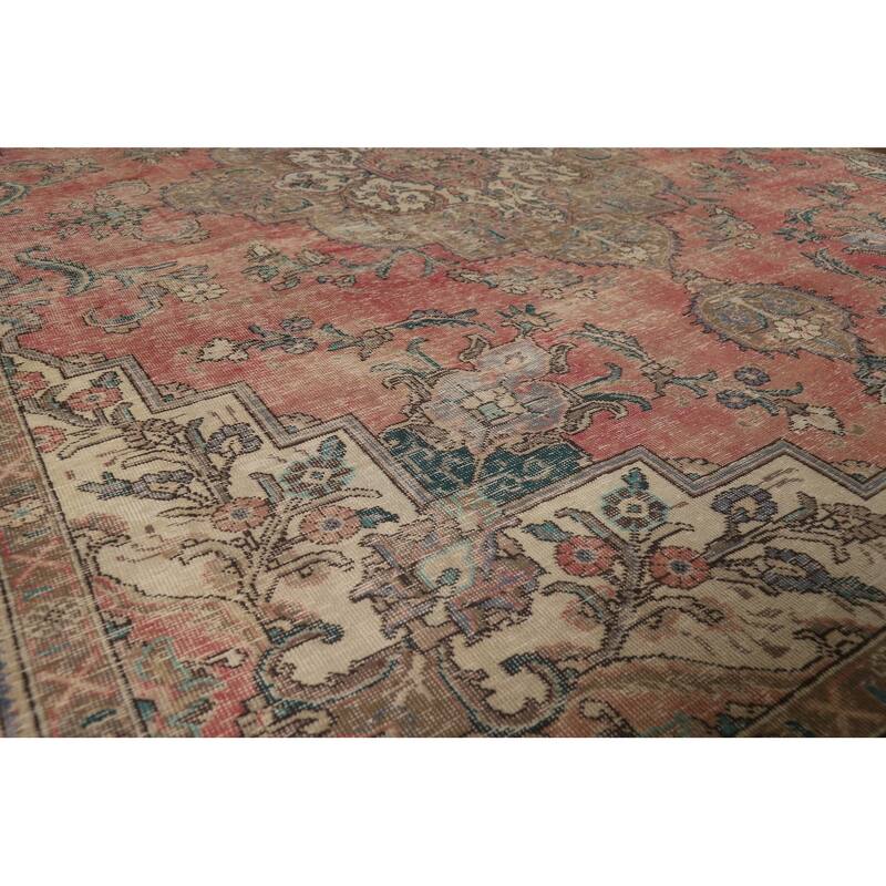 Pink Tabriz Persian Vintage Rug Hand-Knotted Wool Carpet - 7'8" x 10'8"