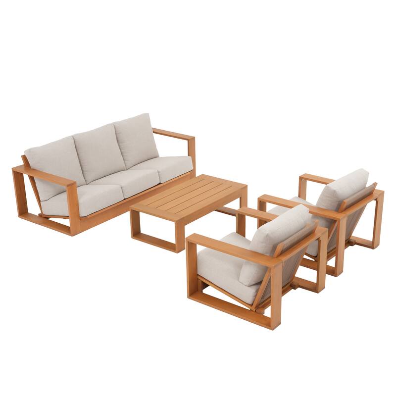 Outdoor Conversation Set 4-Piece Eucalyptus Wood 3-Seater Sofa Weather‑resistant Rope Weave with Coffee Table