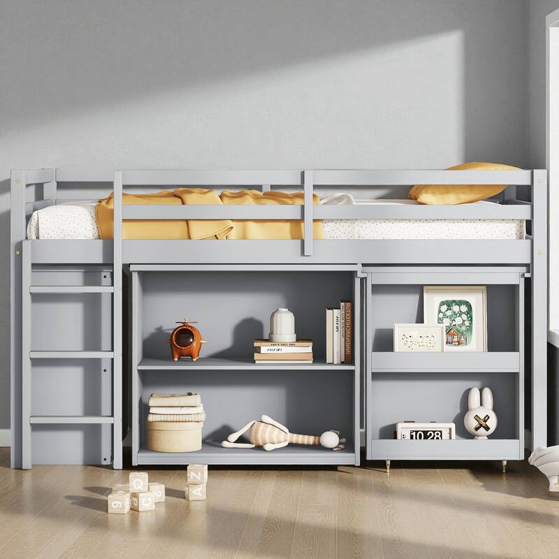 Twin Size Rubber Wood Loft Bed with Pull-Out Desk, Drawer Cabinet, and Shelf Storage, Safety Guardrails and Ladder - Grey - Twin