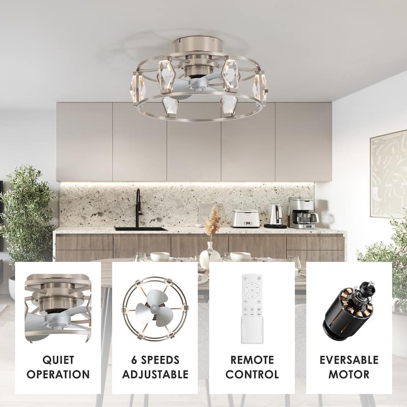 20.8" Flush Mount Crystal Ceiling Fan with Dimmable LED Light and Remote