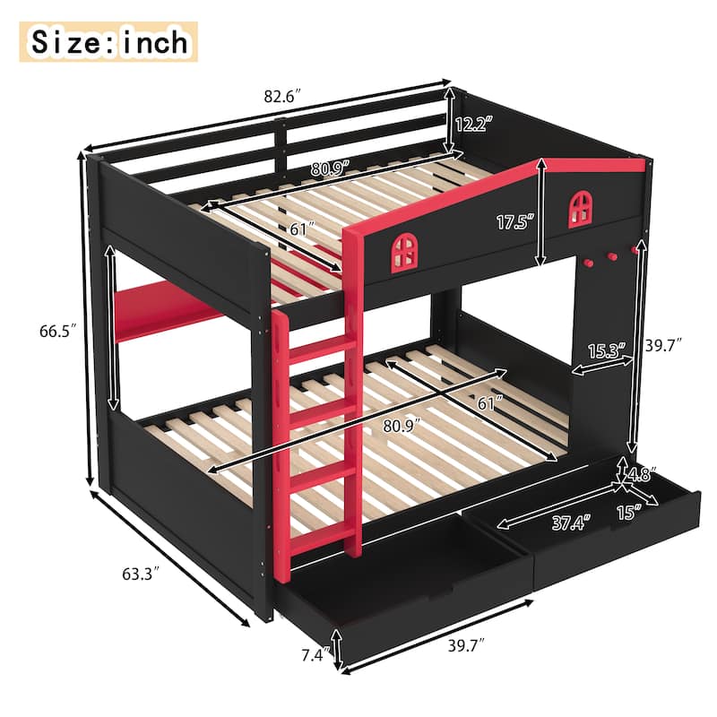 Queen over Queen Bunk Bed with Storage Drawers, Shelves & Hooks