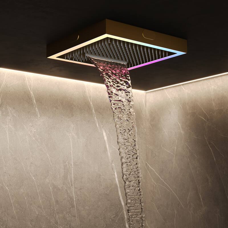 GRANDJOY Thermostatic LED Rain and Waterfall Shower System with Handheld, Built-In Music Function