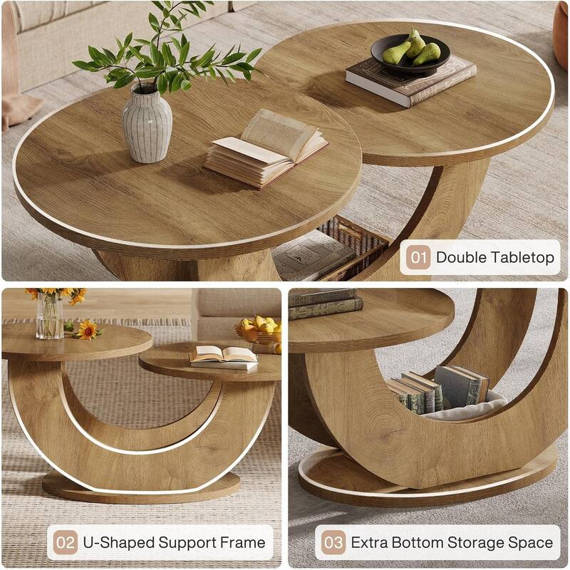 2-Tier Farmhouse Coffee Table for Living Room with U-Shaped Frame