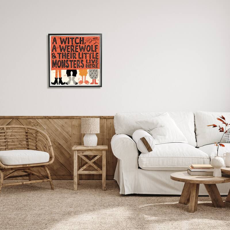 Stupell Witch Werewolf Little Monsters Live Here Halloween Family Framed Wall Art - Black