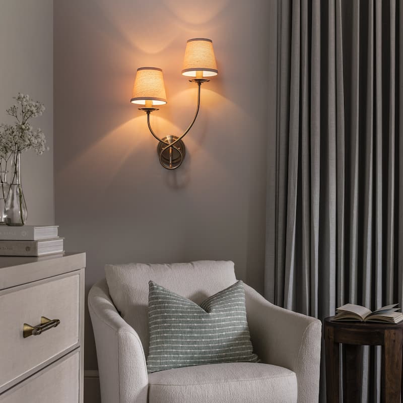 Antique Bronze Finish Wall Sconce with Trapezoid Linen Shade