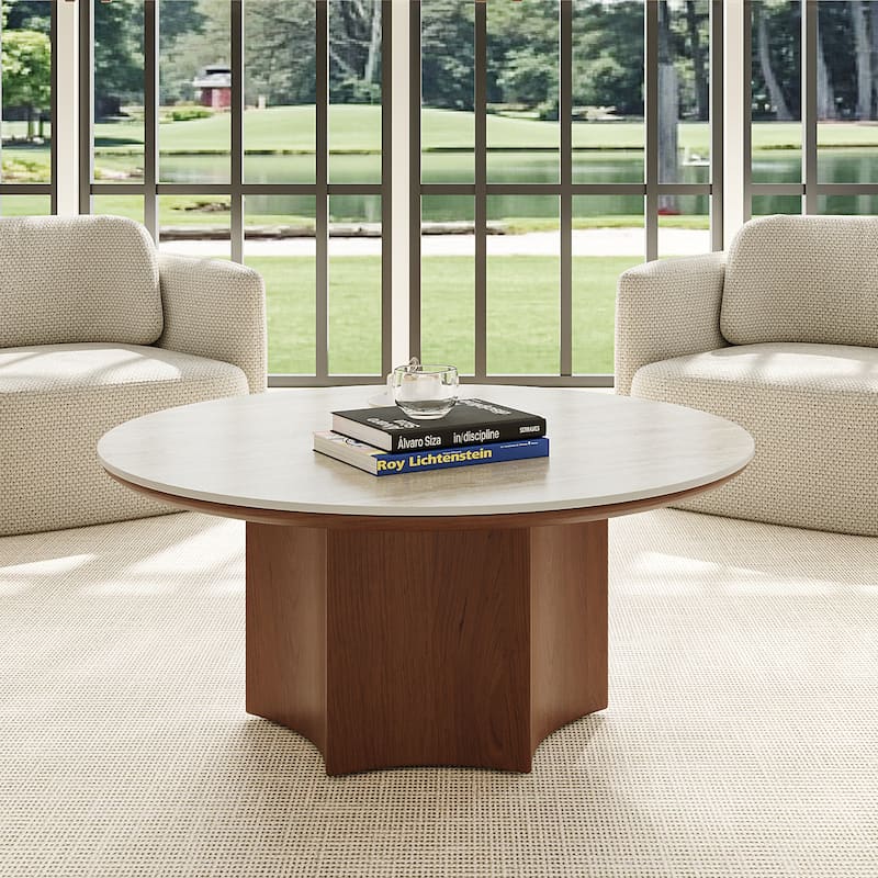 Mid-century Modern Coffee Table,35.43" With Sintered Stone Table Top, Solid Wood Legs