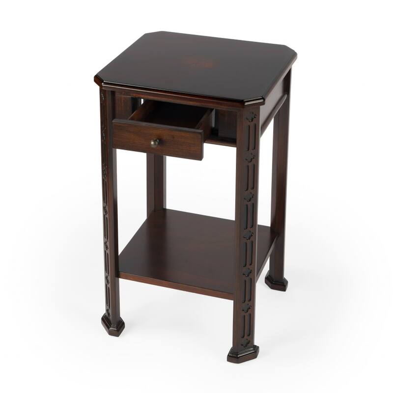 HomeRoots 27" Dark Brown And Cherry Manufactured Wood Rectangular End Table With Drawer And Shelf - 15