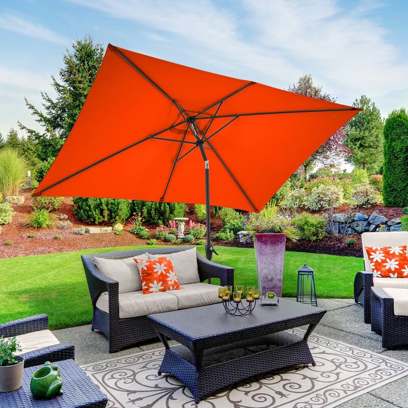 Rectangular Patio Umbrella - 10 Ft Easy Crank Sun Shade with Push Button Tilt by Pure Garden (Orange) - Orange