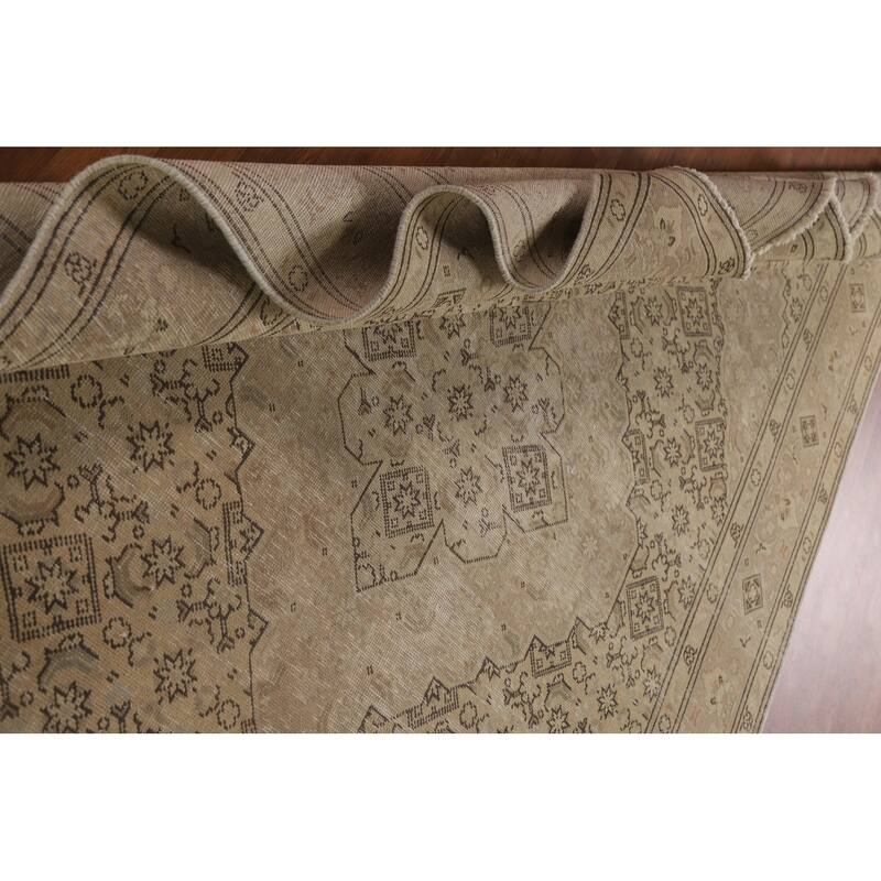 Distressed Tabriz Persian Vintage Rug Handmade Beige Wool Carpet - 6'5" x 9'5"