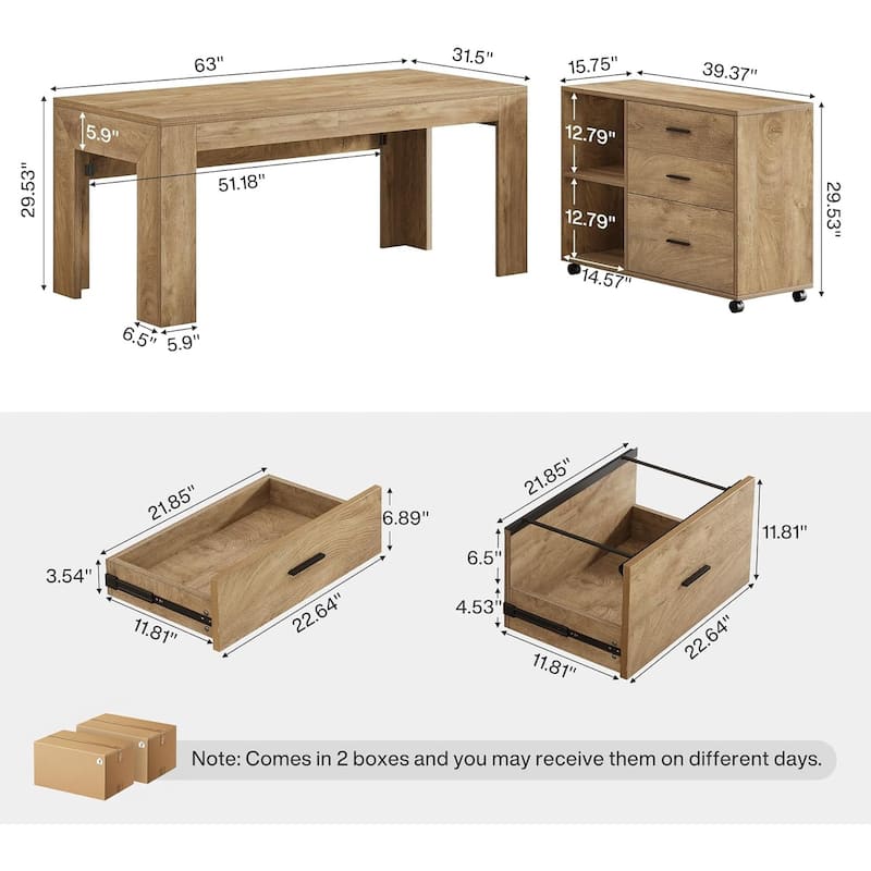 63" L Shaped Executive Desk Office Computer Desk Mobile File Cabinet with Drawers/Shelves Home Office Business Furniture