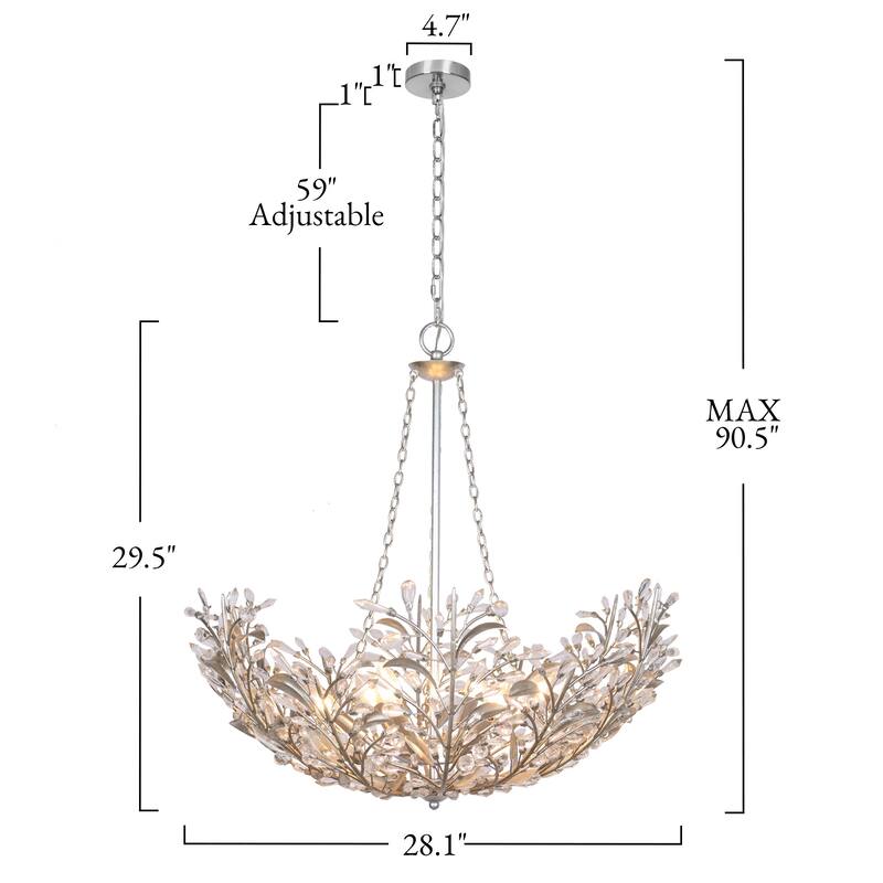 Stillbloom 6-Light Antique Silver Foil Metal Crystal Floral Chandelier - Antique Silver - Dia. 28.1" x H 29.5"