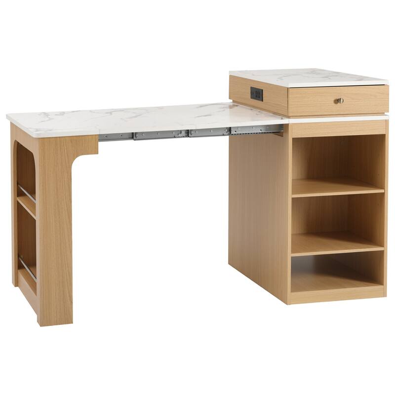Kitchen Island with Extendable Dining Table, Kitchen Storage Table with 2 Drawers, Power Outlet, Open Shelves, for Diningroom