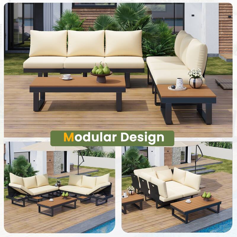 Outdoor Patio Conversation Sofa Set L-shape Sectional Sofa Set with Adjustable Reclining Seats, Coffee Table, Side Table