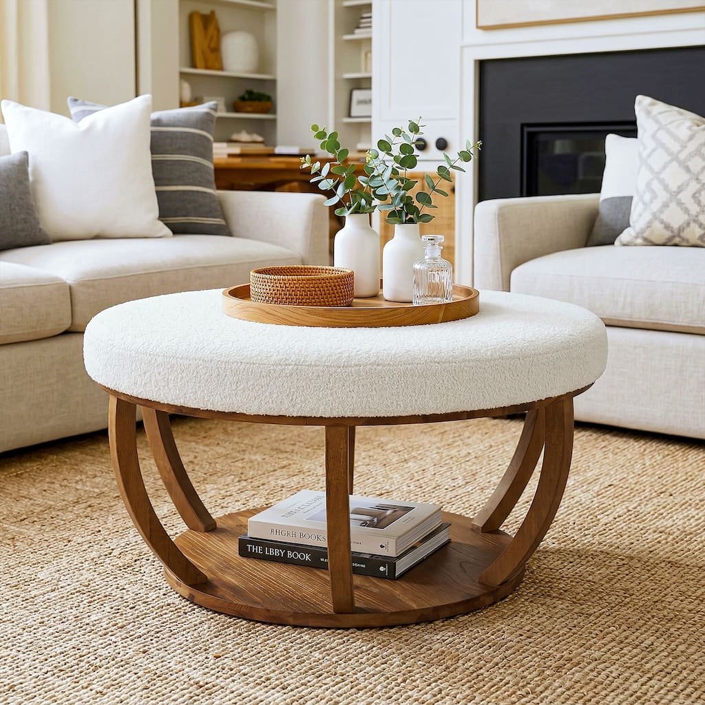 2-Tier Round Ottoman Coffee Table with Solid Wood Frame for Living Room - 31.5" L x 31.5" W x 18.1" H