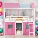 preview thumbnail 13 of 21, Twin Size Bunk Wood House Bed with Elegant Windows, Sills and Tent Pink
