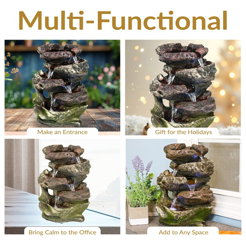 Sunnydaze 5 Step Rock Falls Tabletop Indoor Fountain with LED Lights - 14-Inch - 14-In