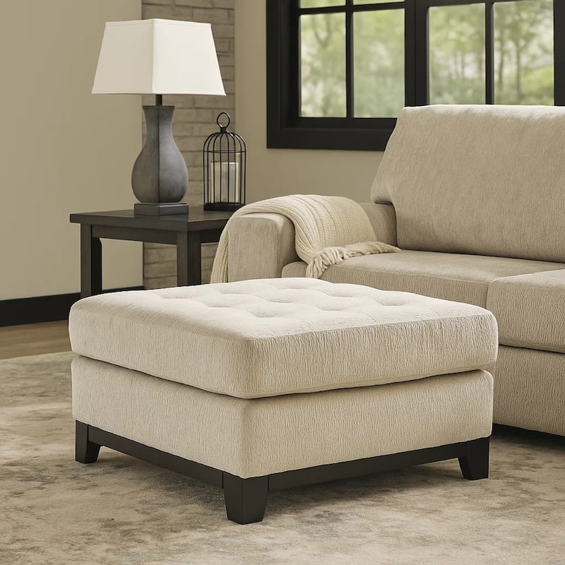 Maxo Accent Ottoman, 36 Inch Square Tufted Seat, Ivory Polyester