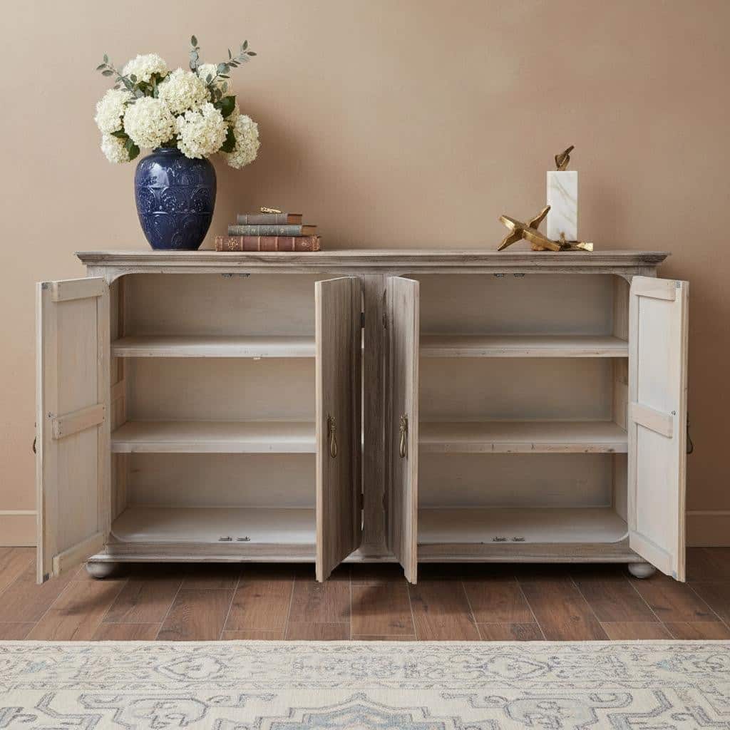 HomeRoots 72" Sand Solid and Manufactured Wood Distressed Credenza - 71.75 in. x 43.00 in. x 18.75 in.