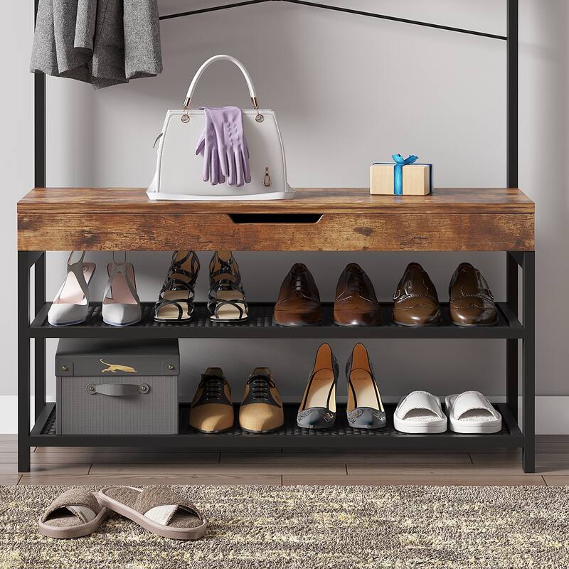 4 in 1 Hall Tree, Entryway Bench with Coat Rack, Shoe Bench