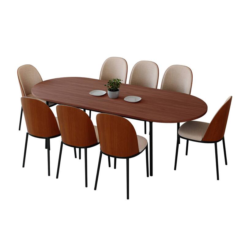 9-Piece Dining Set in Black Steel with 8 Chairs and Table Tule Collection by LeisureMod - Walnut/Light Brown