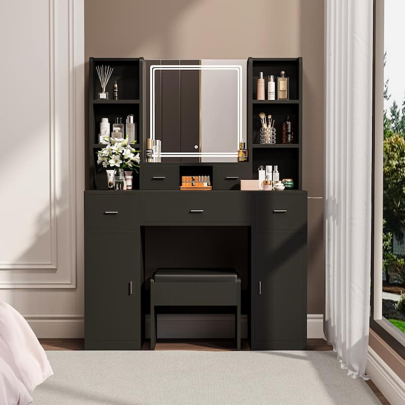 The dressing table with LED mirror is equipped with a hair dryer rack