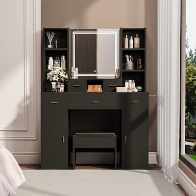 The dressing table with LED mirror is equipped with a hair dryer rack