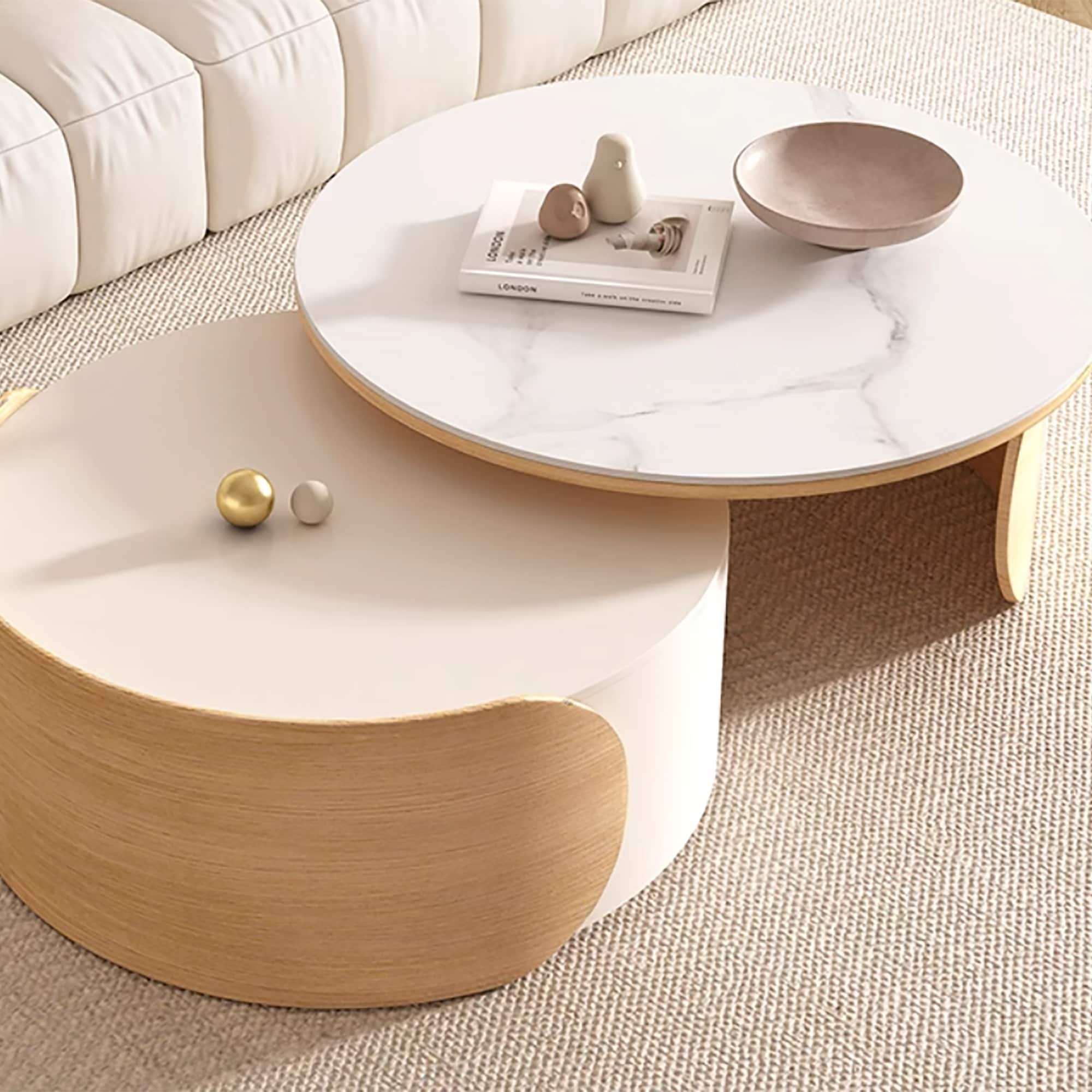 Modern Round Coffee table, Stone Table-top, Natural Wood - 50" x 31.5"