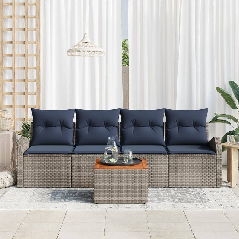 vidaXL 5 Garden Sofa Set with Cushions Black/Grey Poly Rattan - 92.1 x 24.4 x 27.2